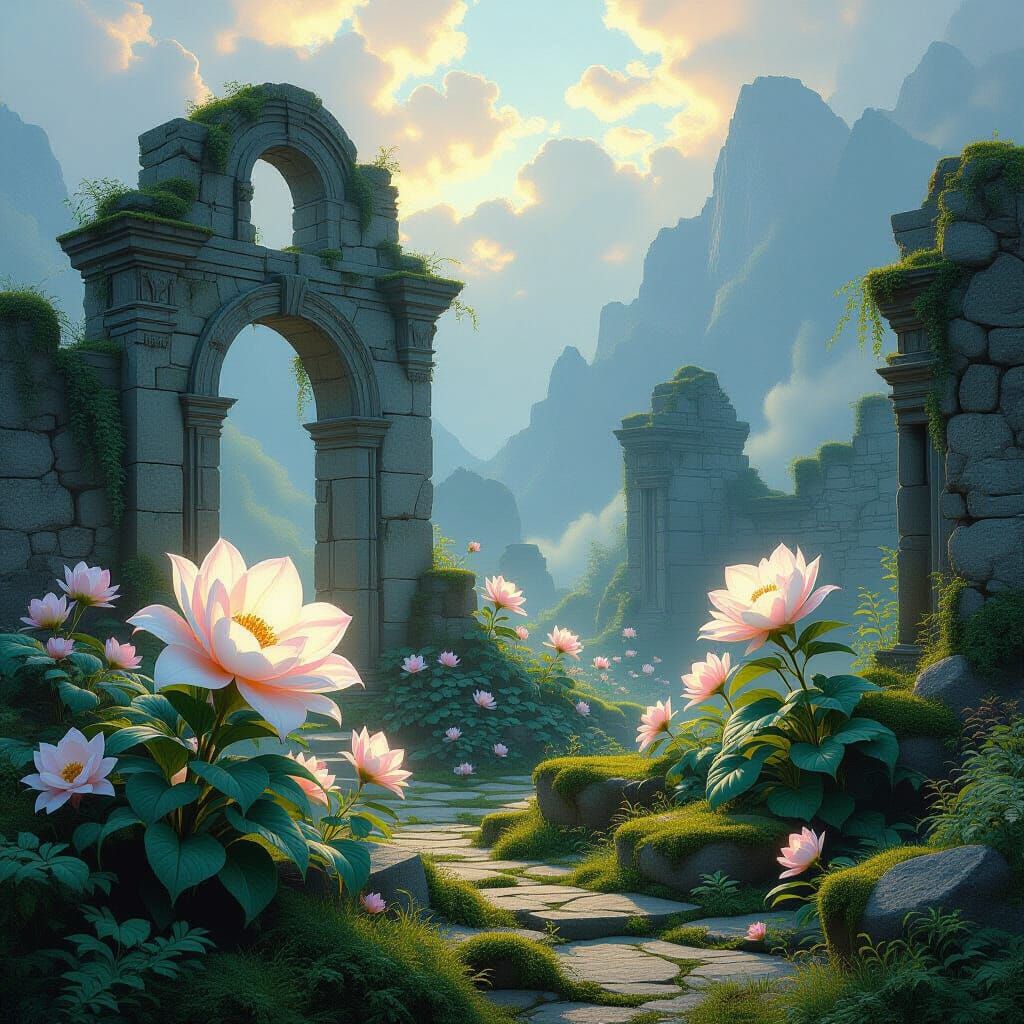 Ancient Ruins Reclaimed by Nature with Luminous Flowers
