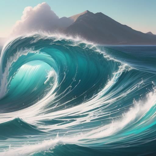 Humanoid Rising from Waves in Vibrant Oil Painting