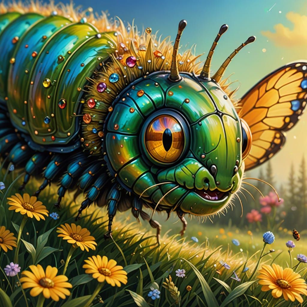 Surreal Iridescent Caterpillar in Meadow, Oil Painting
