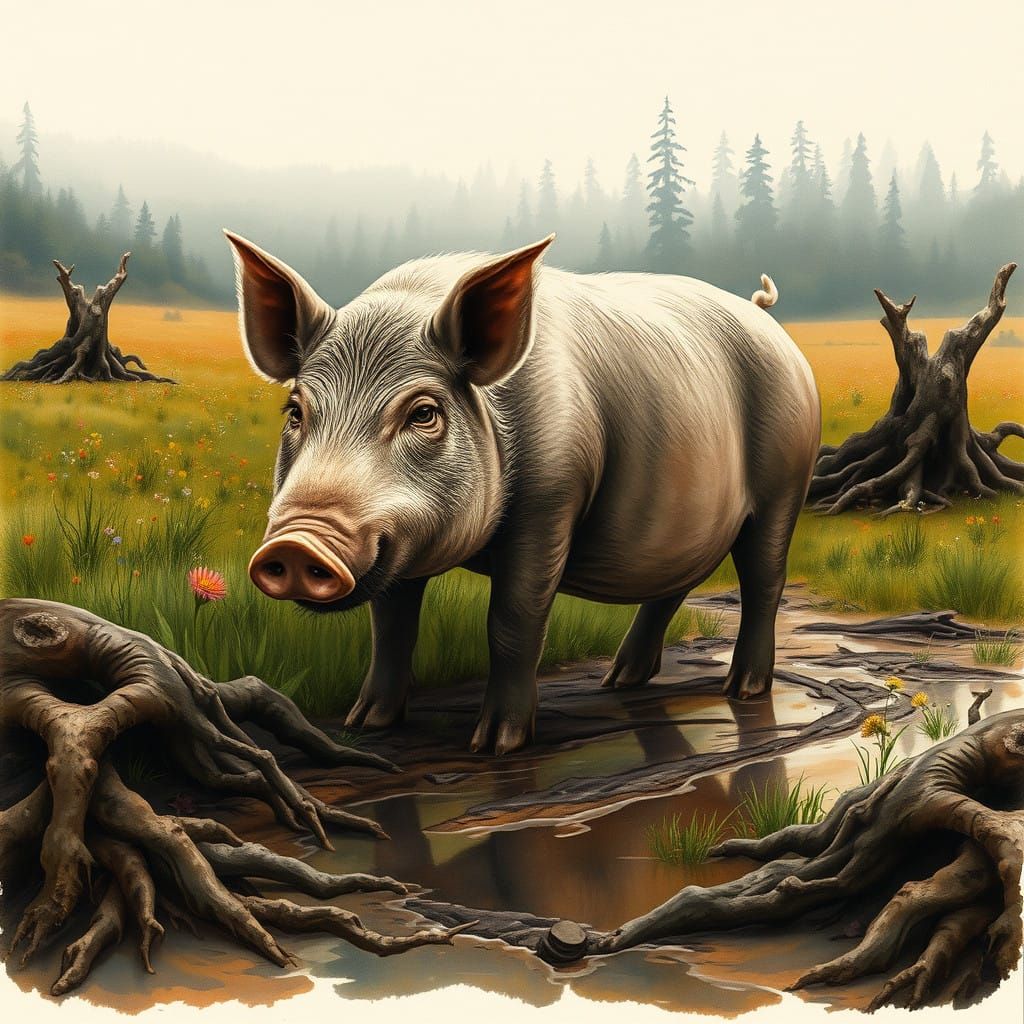 Majestic Pig in Verdant, Muddy Landscape