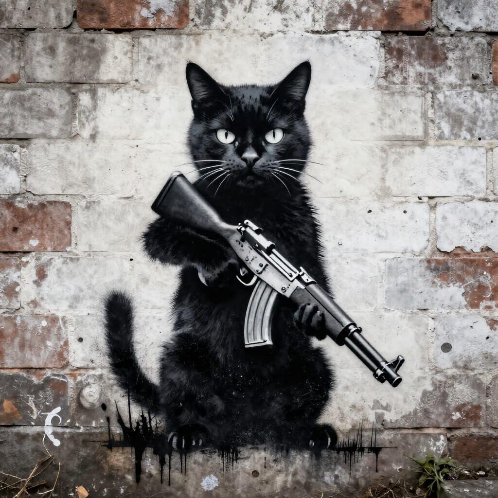 Banksy Style Black Cat with Rifle Stencil Art