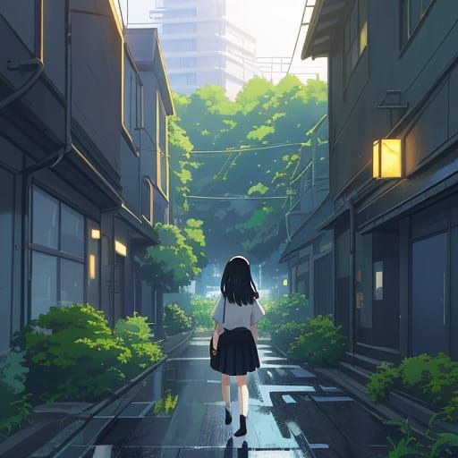 Anime Schoolgirl Amidst Futuristic Cityscape in Makoto Shink...