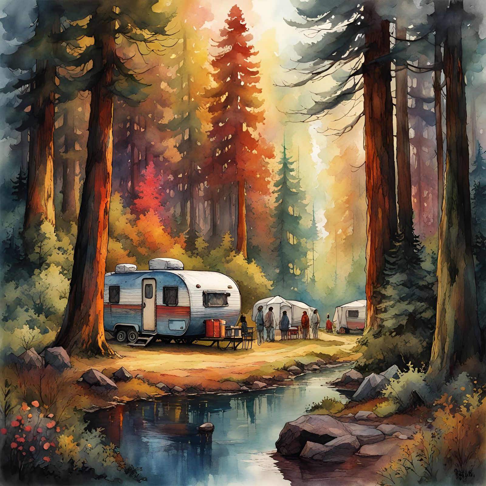 Redwood Campground: Ink and Watercolor Illustration