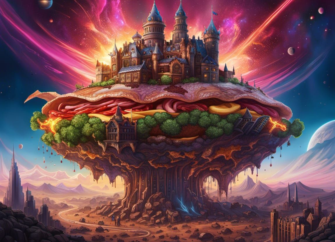 Cyberpunk Cheeseburger Castle: Digital Art Masterpiece