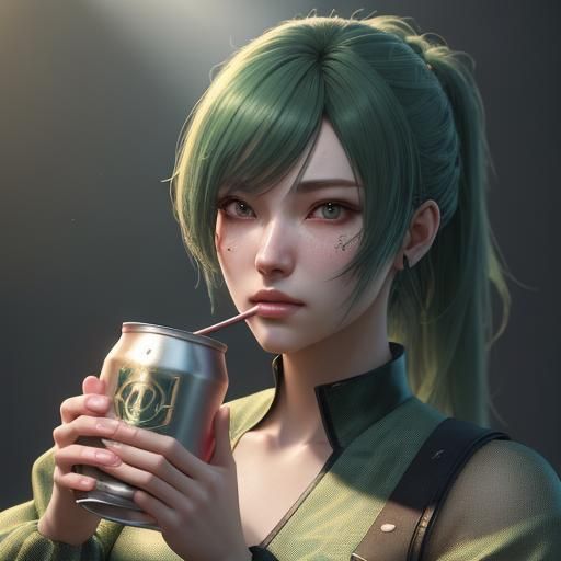 Anime Girl with Green Hair Drinking Beer