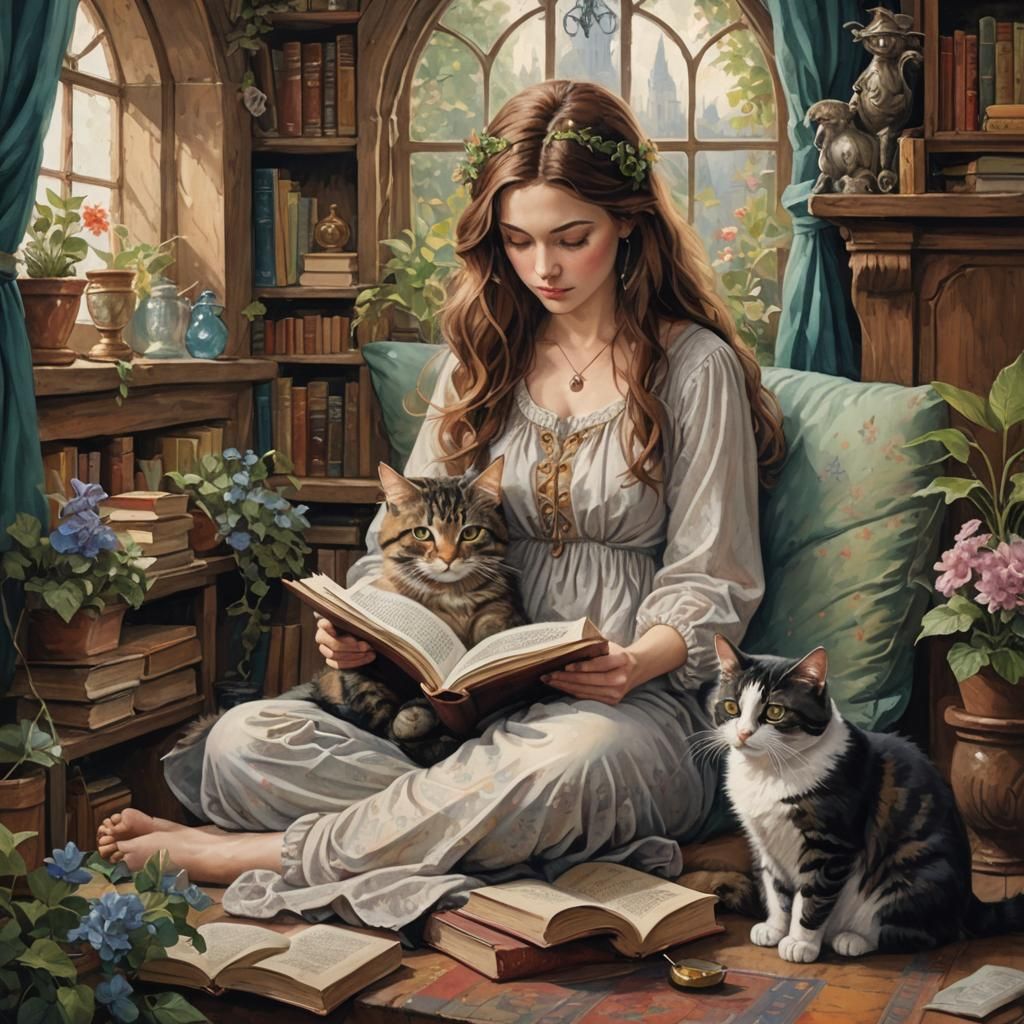 a painting of a woman reading a book next to a cat, a storyb...