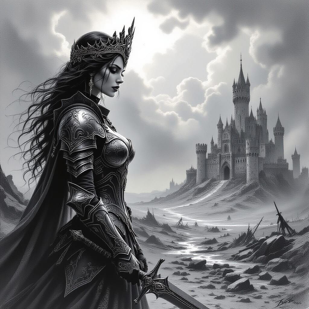 Sorrowful Queen in Dark Fantasy Armor on Desolate Battlefiel...