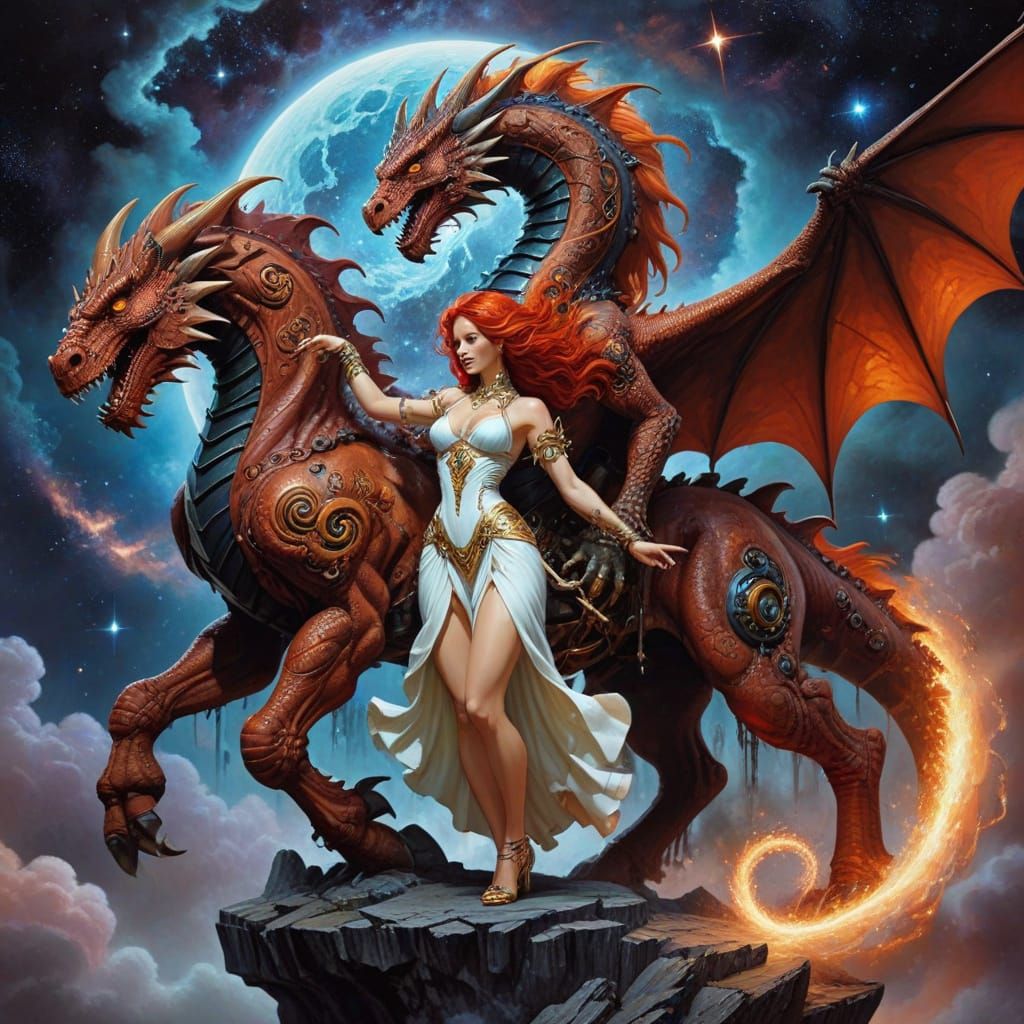 Sorceress with Dragon on Clockwork Golem