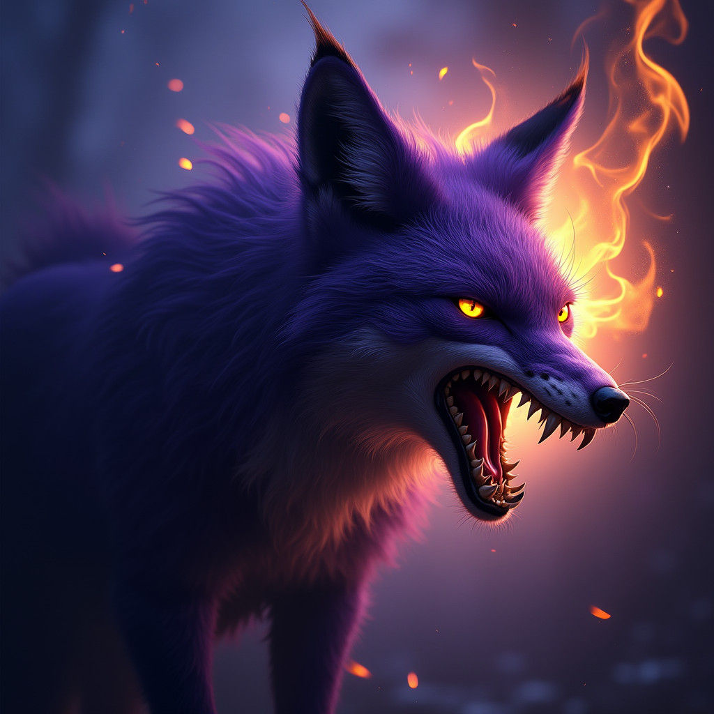 Sinister Purple Fox Engulfed in Flames