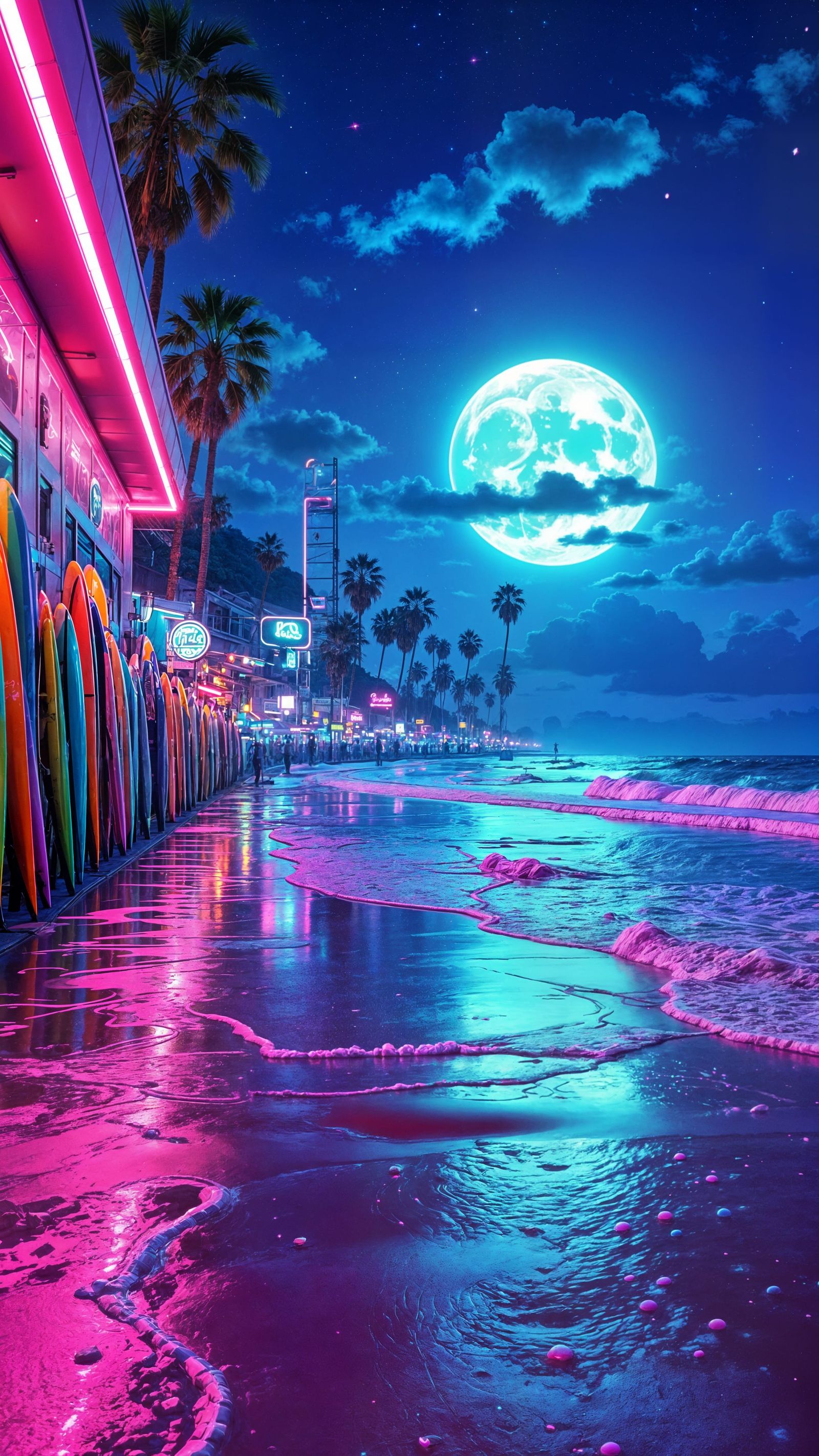 Retro-Futuristic Boardwalk Scene in Cyberpunk Style