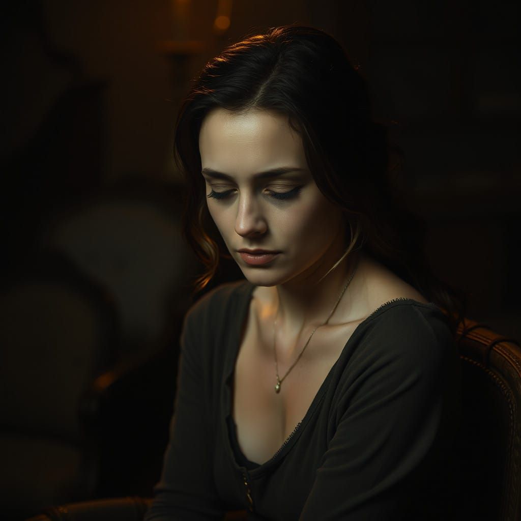 Woman Lost in Thought, Surrounded by Moody Atmosphere