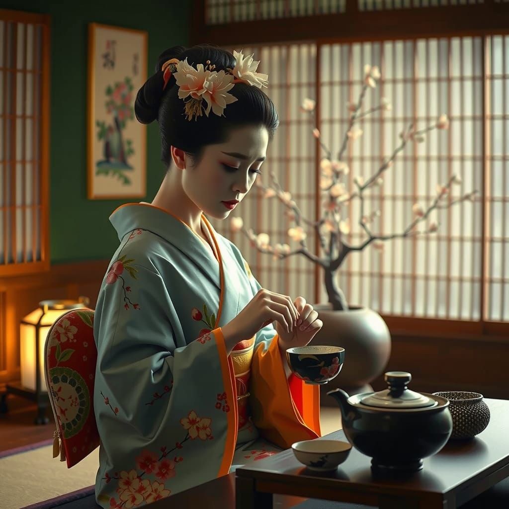 Serene Geisha in Soft Orange Kimono