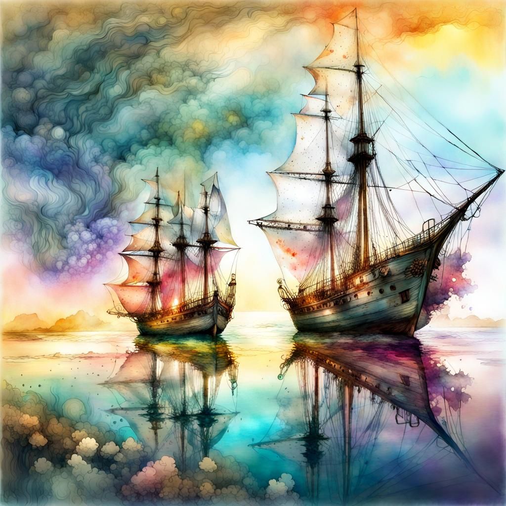 Fantasy Sea Landscape with Sailing Ships