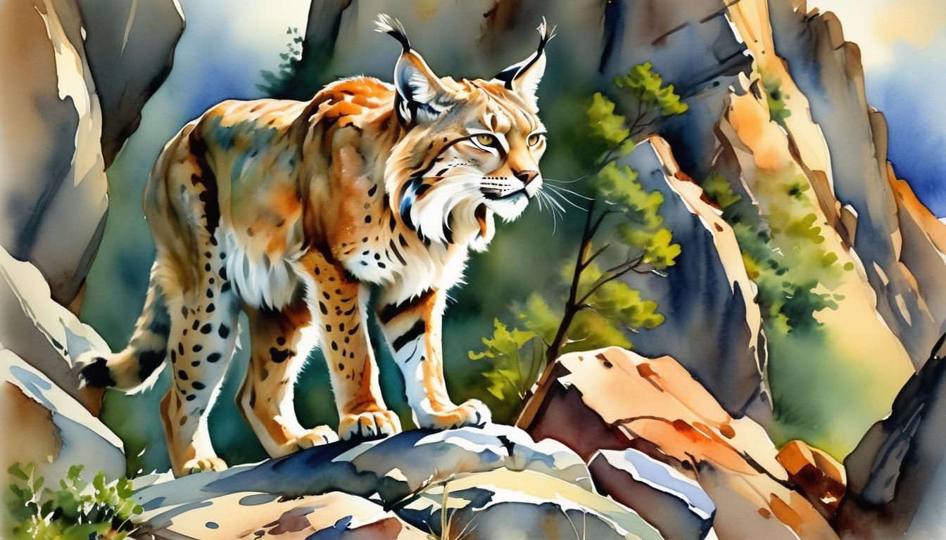Lynx Climbing Rocky Cliffs in Watercolor Style