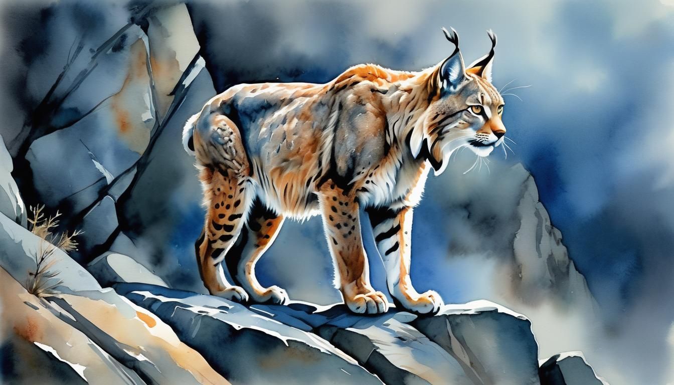 Lynx Climbing Rocky Cliff in Dreamy Watercolor