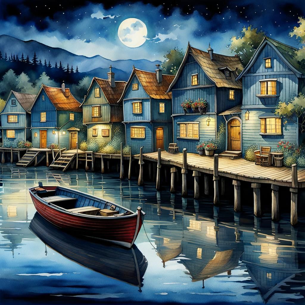 Moonlit Seaside Village in Watercolor Art Style