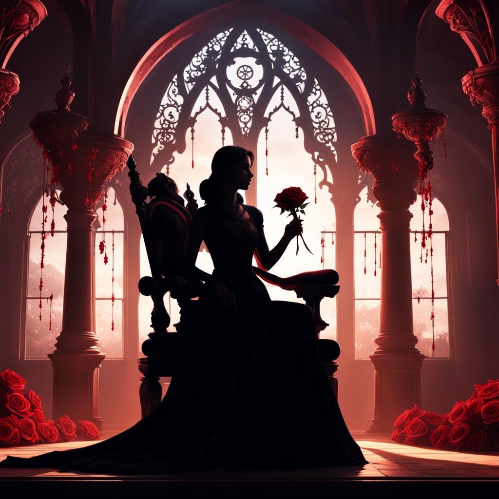 Silhouette Girl with Rose on Throne: Detailed Matte Painting