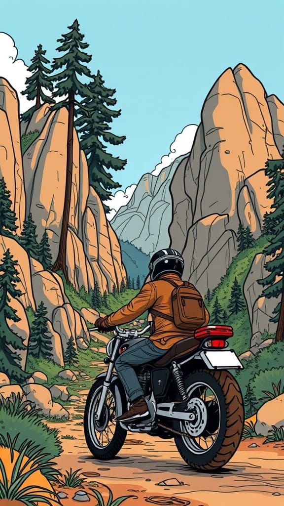 Motorbike Rider in Fantasy Wilderness, Cartoon Style