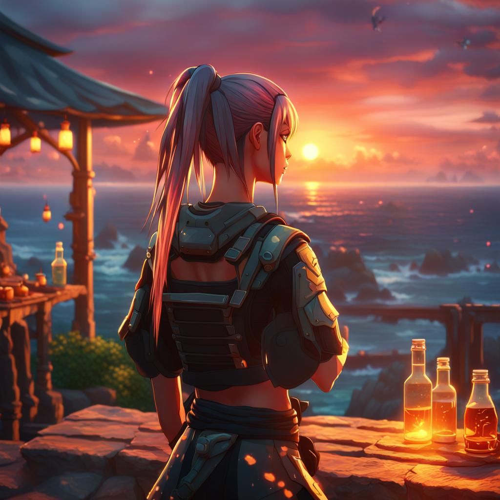Cyberpunk Anime Warrior Girls Dancing at Sunset