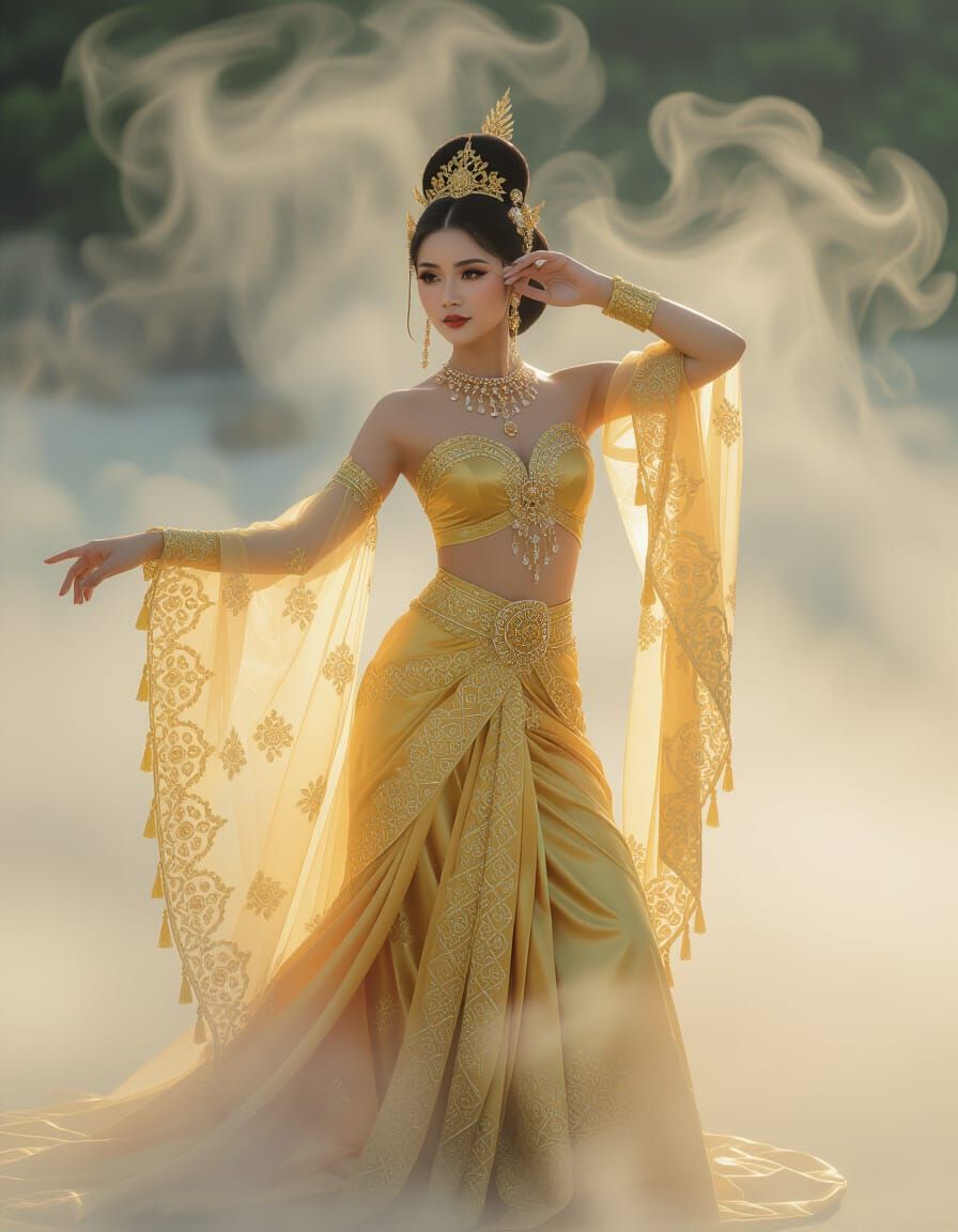 Indonesian Dancer in Golden Outfit, Ethereal Glow