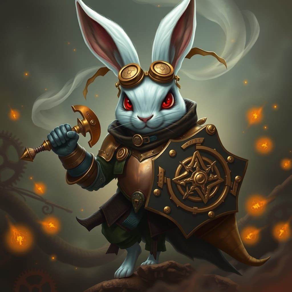 Steampunk Albino Rabbit Warrior in Victorian Sci-Fi Style