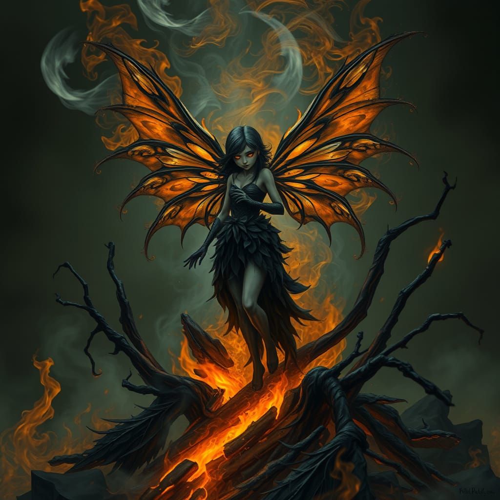 Ash Fairy Rising from Forest, in Dark Fantasy Style