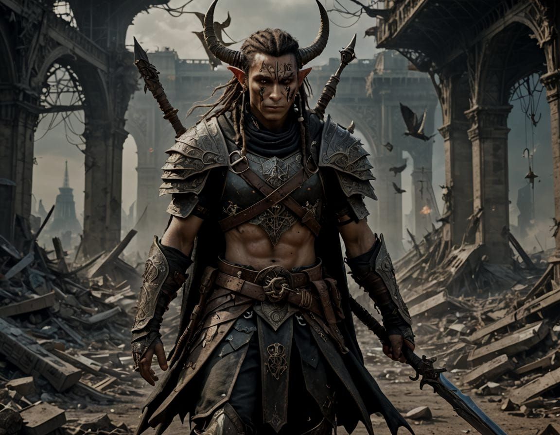 Elf-Human Warrior Riding Pegasus in Apocalyptic World