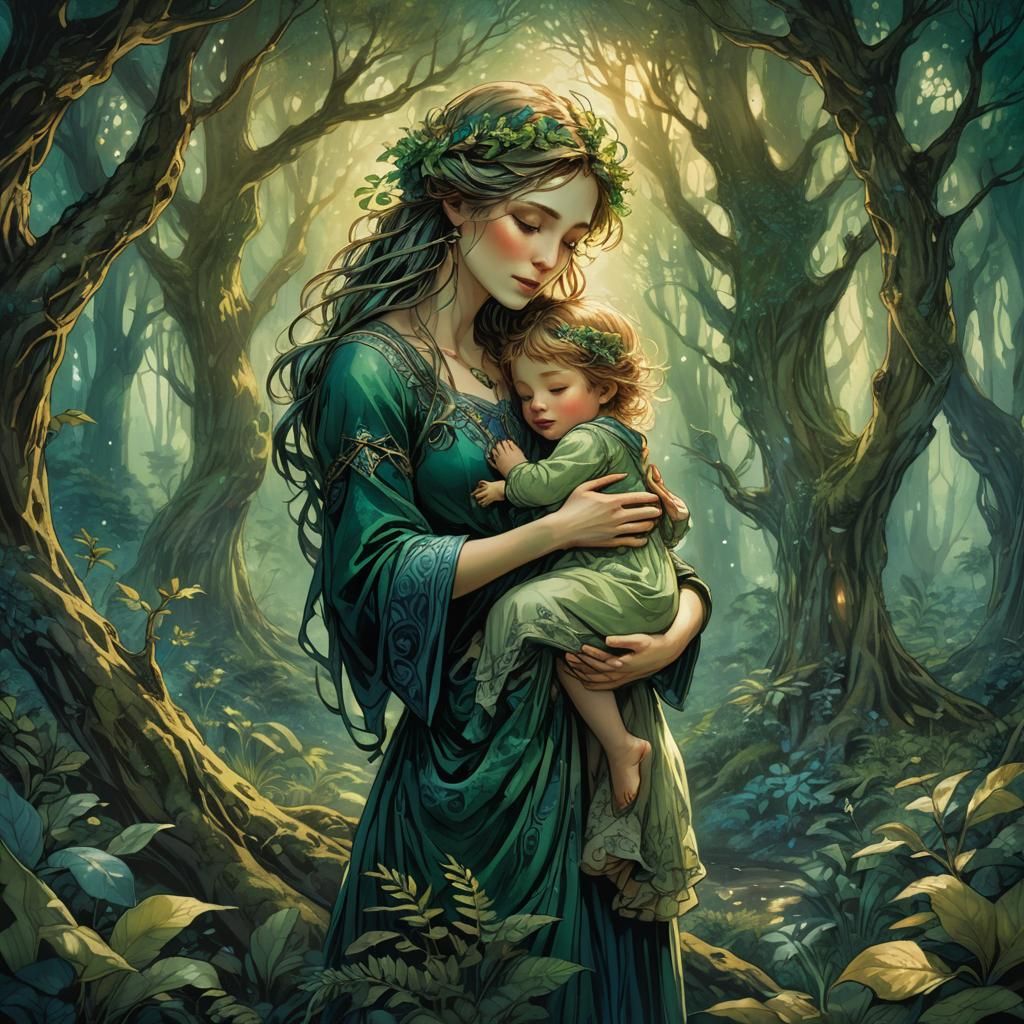 Enchanted Mother's Embrace in Mystical Forest Art