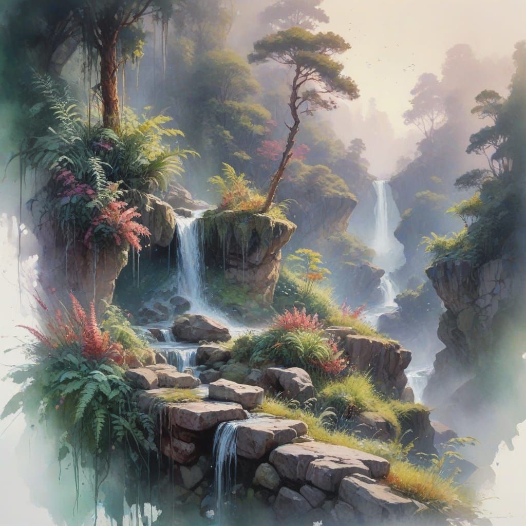 Emerald Gorge Waterfall in Neo-Impressionist Style