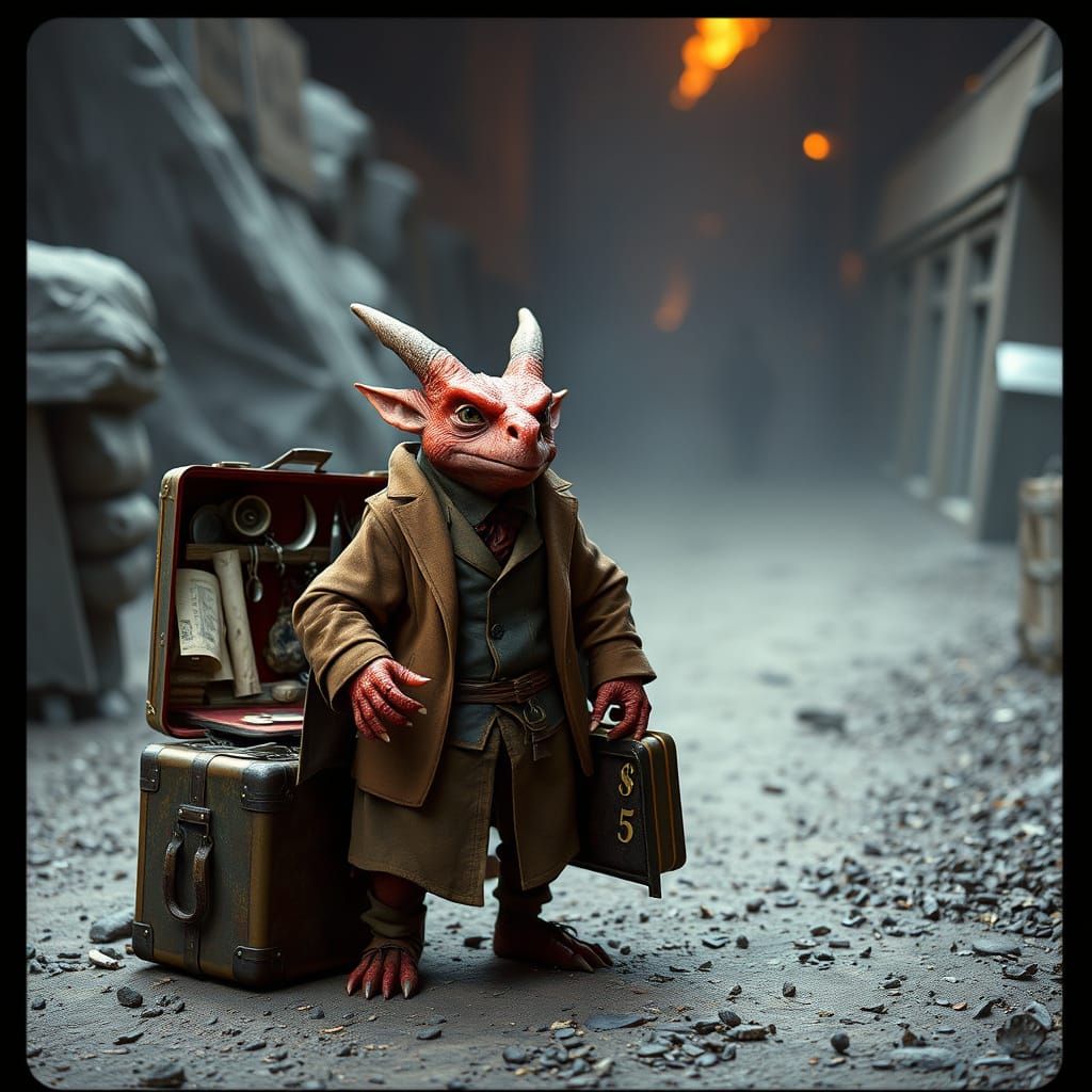 Draconic Merchant Peddles Faulty Wares in Hellish Landscape