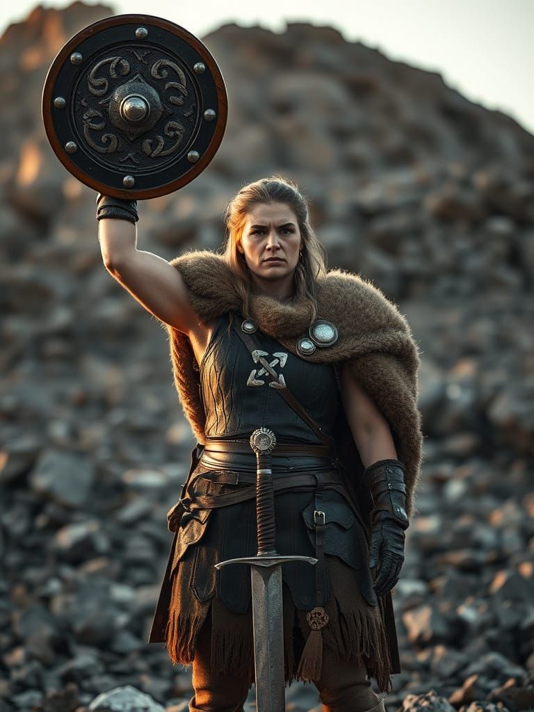 Viking Shieldmaiden Defies the Elements with Majestic Shield