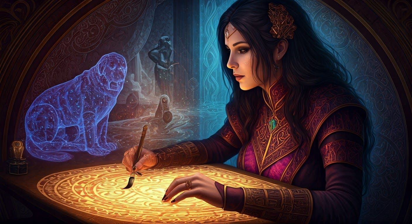 Mystical Chamber: Mage Casting Wind Spell with Ink