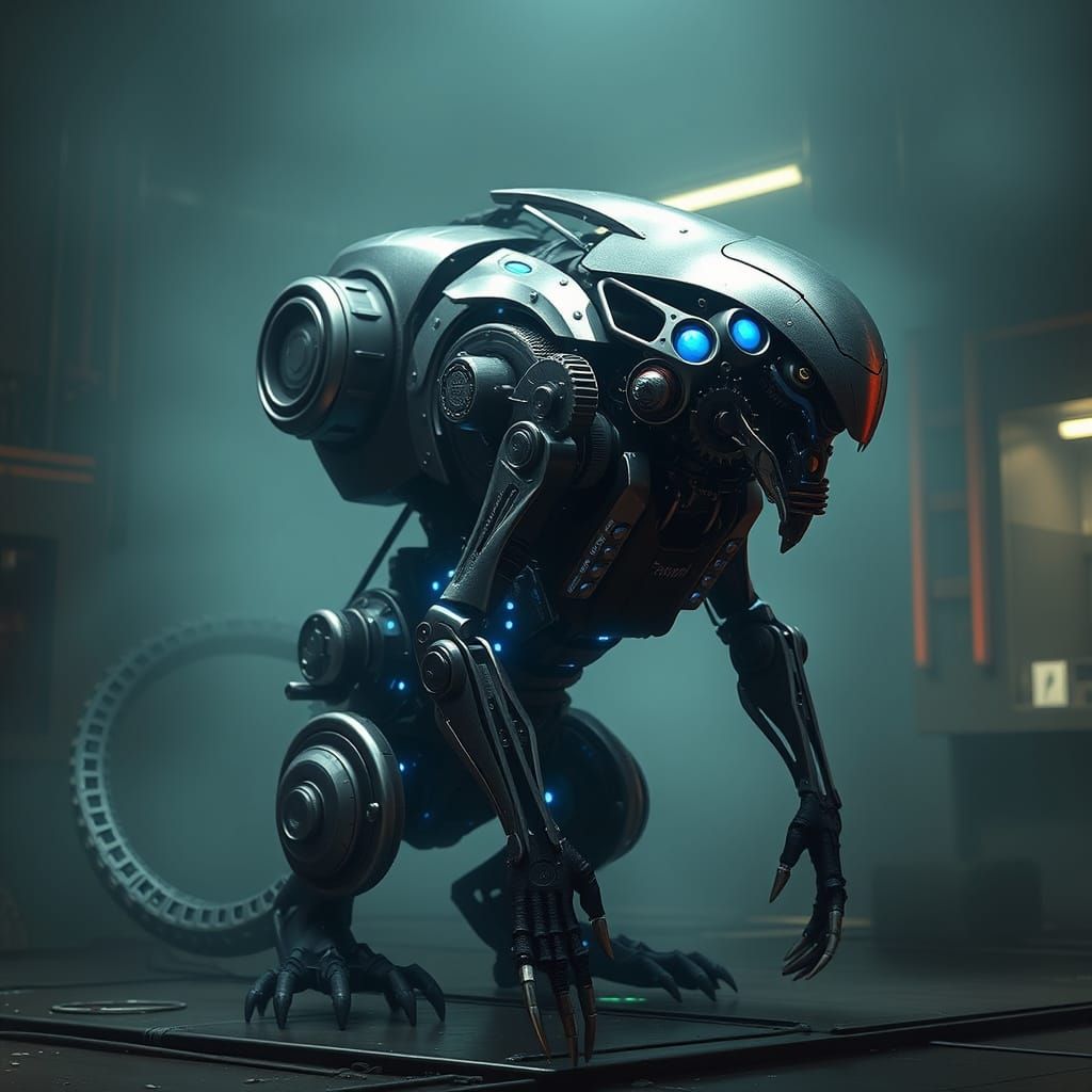 Sleek Mechanical Creature in Futuristic Industrial Setting