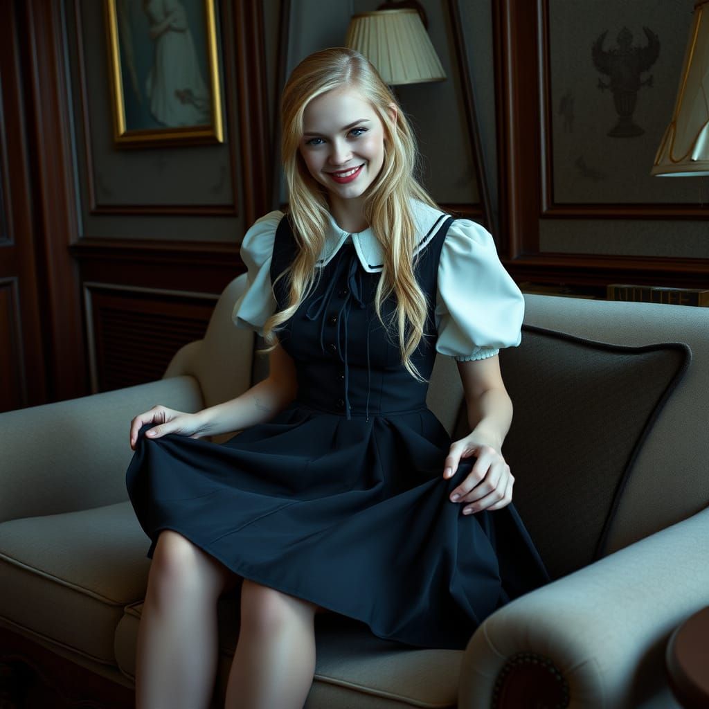 Smiling Young Man in Minidress Sitting on Couch