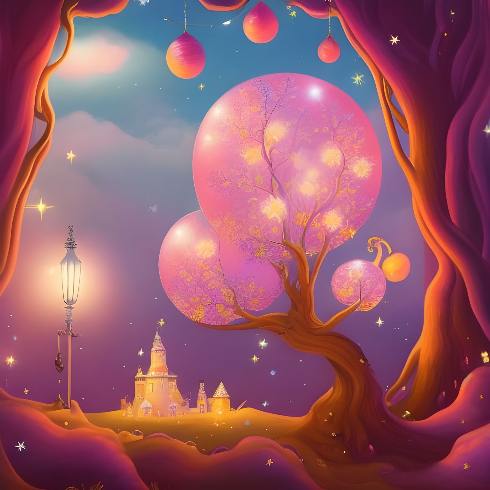 Pink Bubblegum Treehouse in a Mythical Landscape