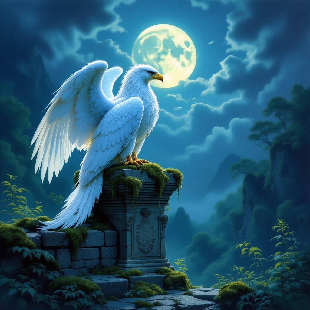 Majestic Griffin on Ancient Ruin in Ethereal Moonlight