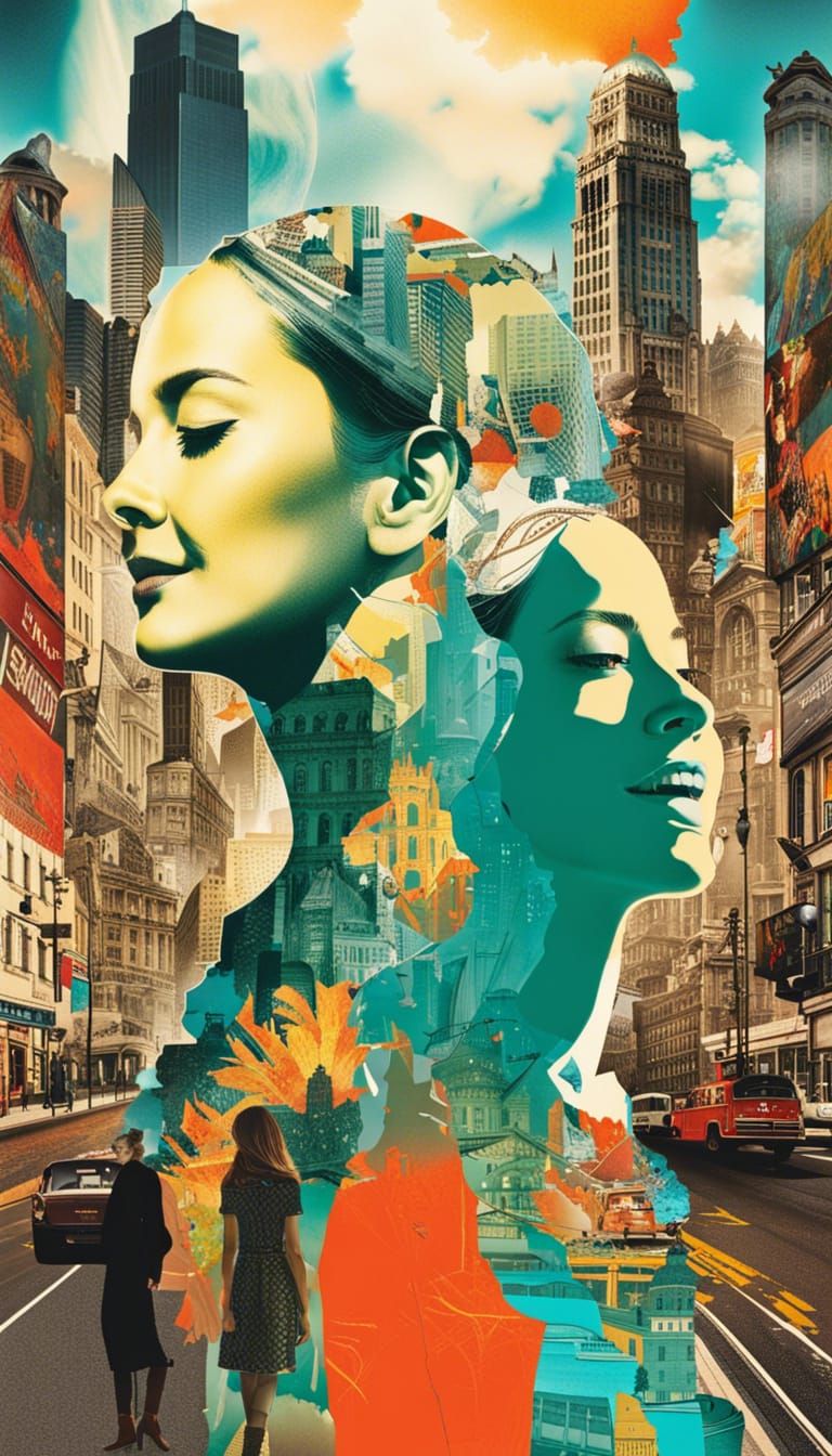 Bustling City Journey: Double Exposure Collage Art