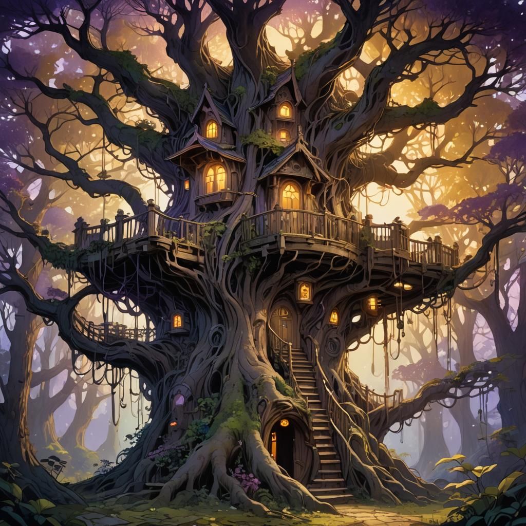 Mystical Treehouse in Dark Fantasy Art Nouveau Style