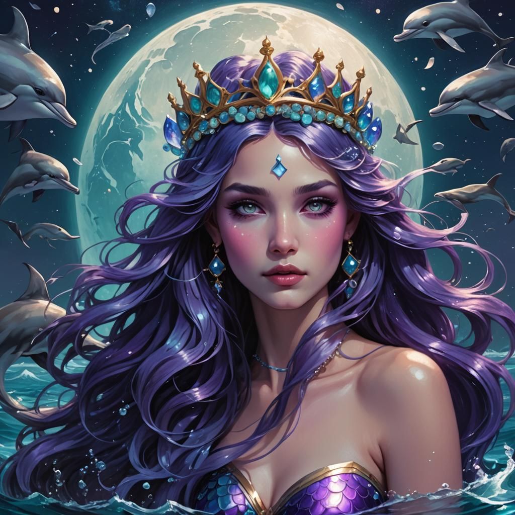 Enchanting Mermaid in Moonlit Ocean, Digital Art