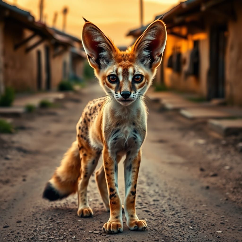 Savannah Feline-Fox Hybrid Roams Sun-Kissed Landscape