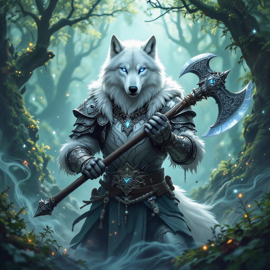 White Wolf Warrior in Enchanted Forest
