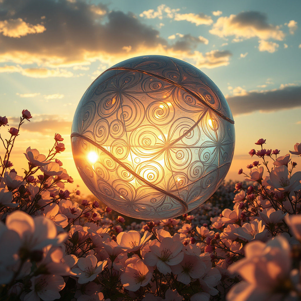 Een kolossale, kristallijne bol met iriserende, wervelende patronen