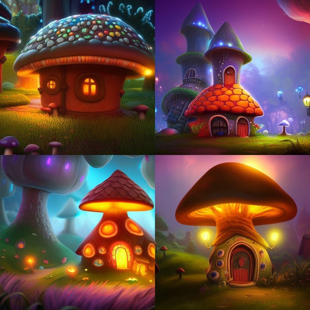 Cute Mushroom House with Lights in Matte Painting