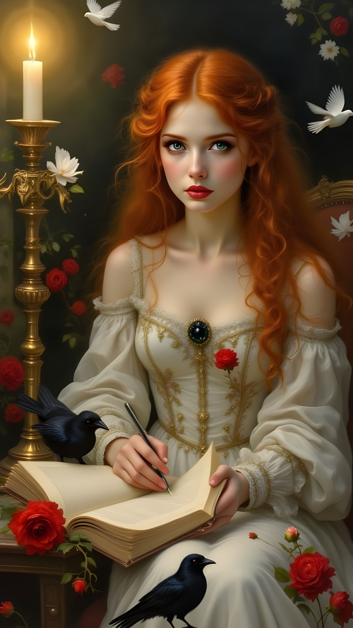 Red Haired Girl Reading by Lamplight in Oil Painting Style