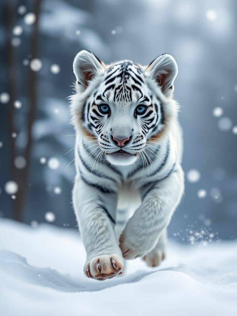 Snowy White Tiger Cub Runs Towards the Camera