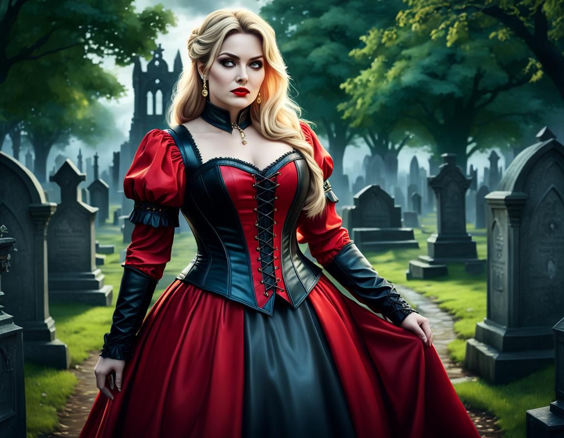 Blond Woman in Red Dress in Graveyard, Airbrush Art