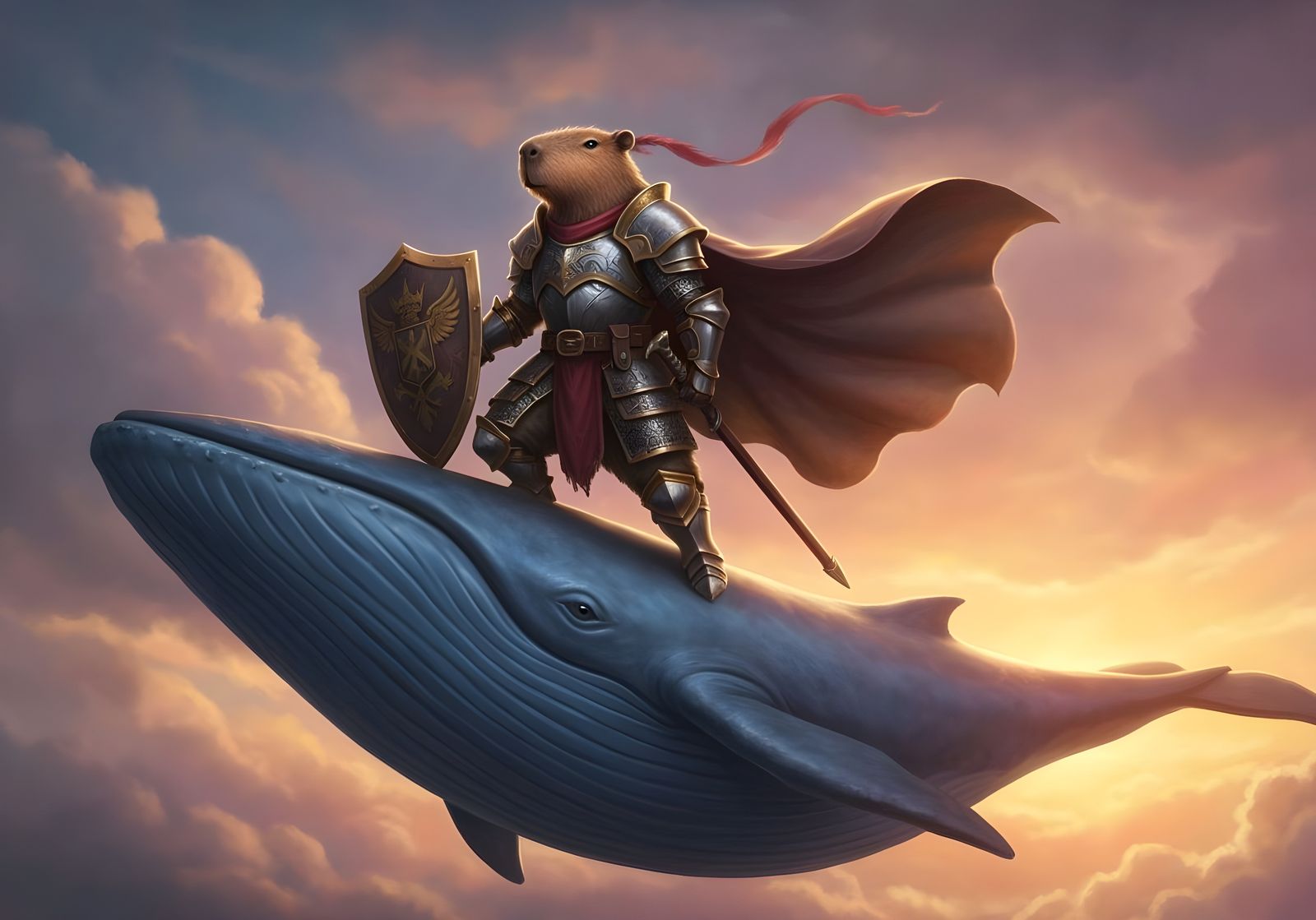 Capybara Knight Rides Flying Whale at Sunset