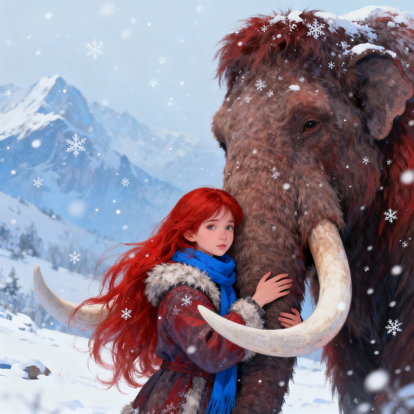 Girl and Mammoth Embrace in Snowy Mountain Landscape