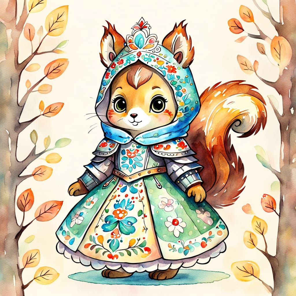 Princess Squirrel in Armor: Watercolor Cartoon