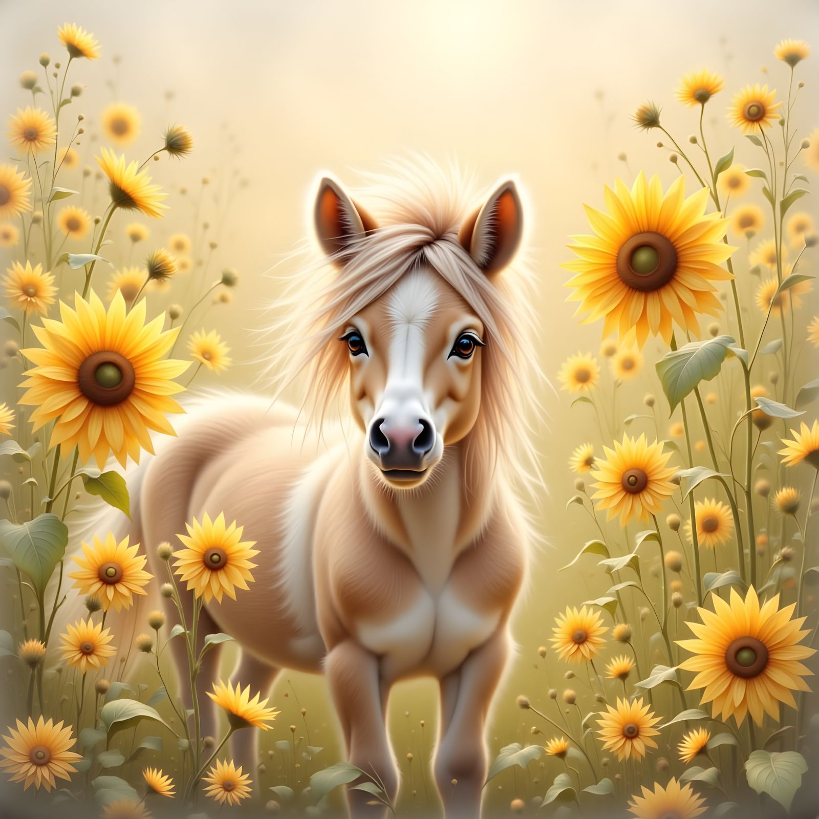 Fluffy Pinto Pony in Sunflower Field: Watercolor Dream